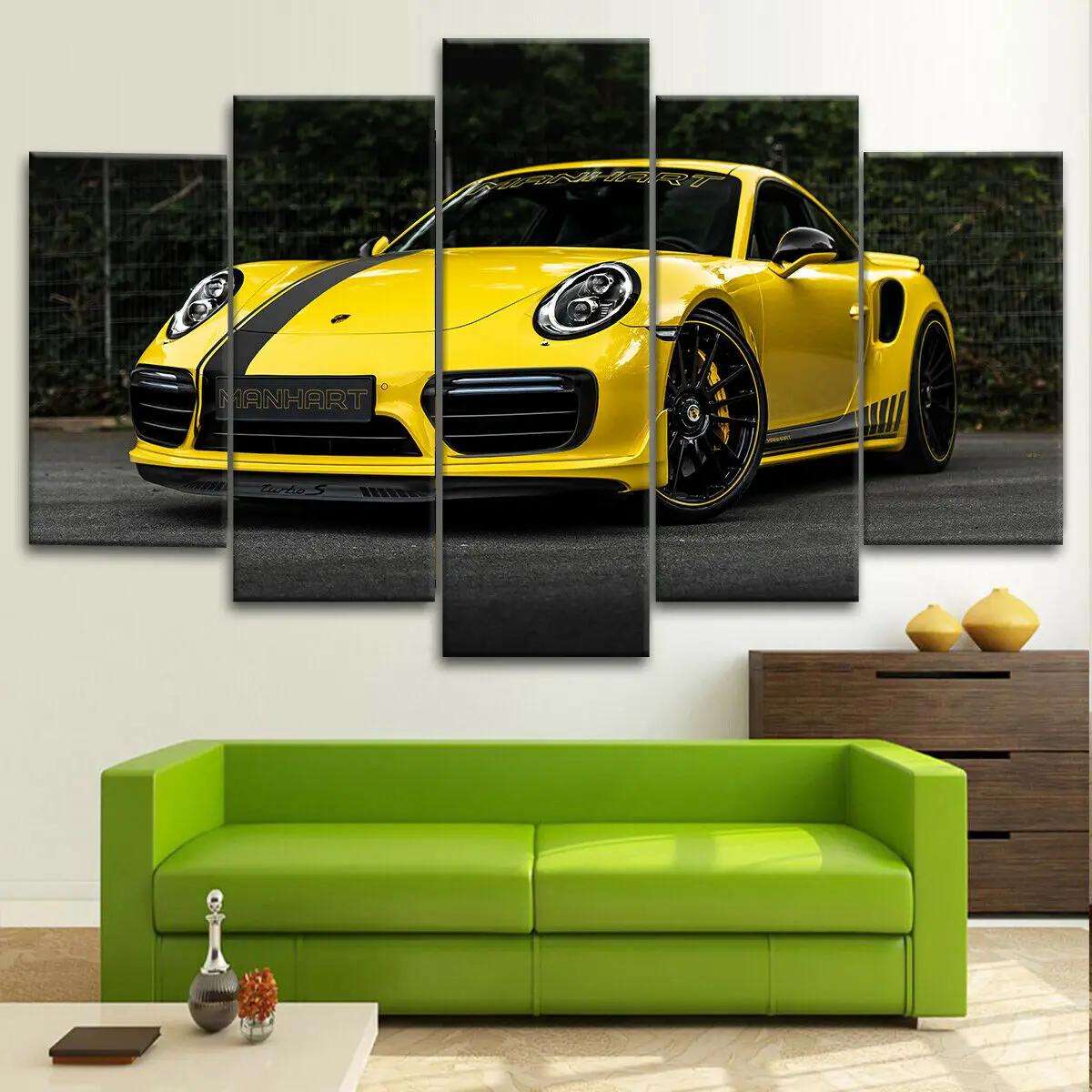 Porsche Manhart 911 Yellow Modern Car 5 Piece Canvas Wall Art HD Print Home Decor No Framed