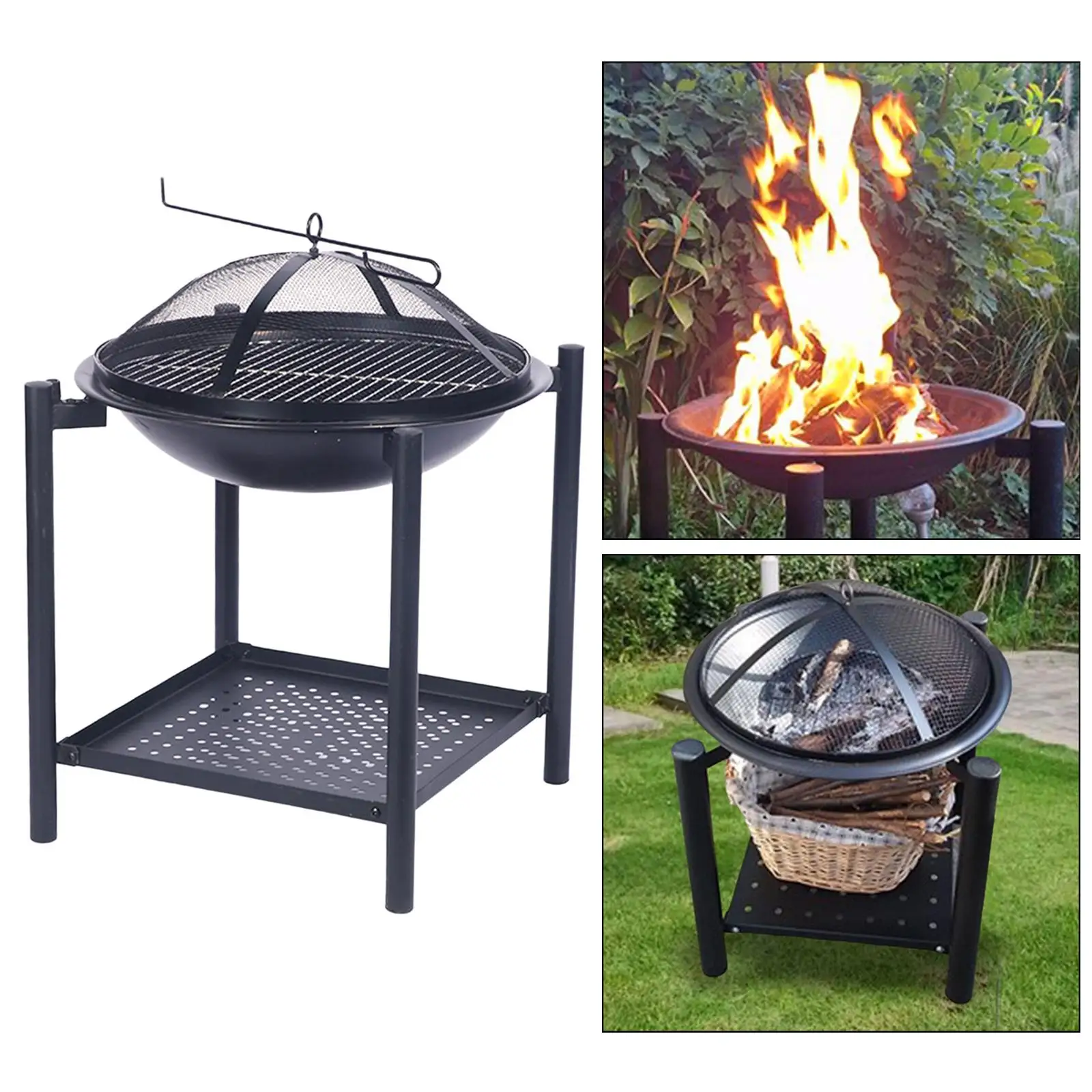 Fire Pit with Mesh Spark Screen with Grill Bowl Fireplace with Brazier Heater for Backyard Garden Camping Outdoor
