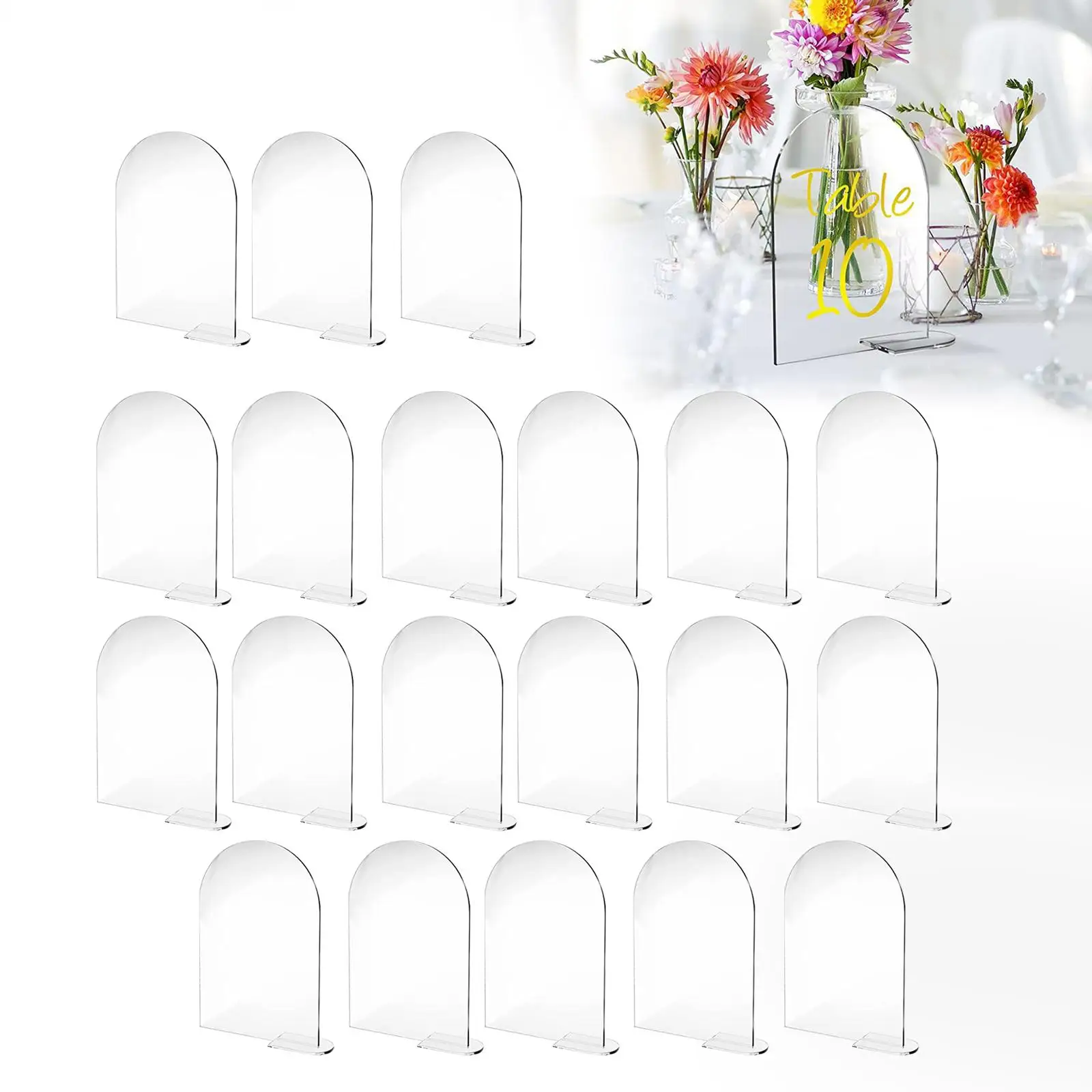 20Pcs Clear Acrylic Place Cards Hand Written with Stand Holder Display Arched Round Blank Menu Signs for Banquet Decoration