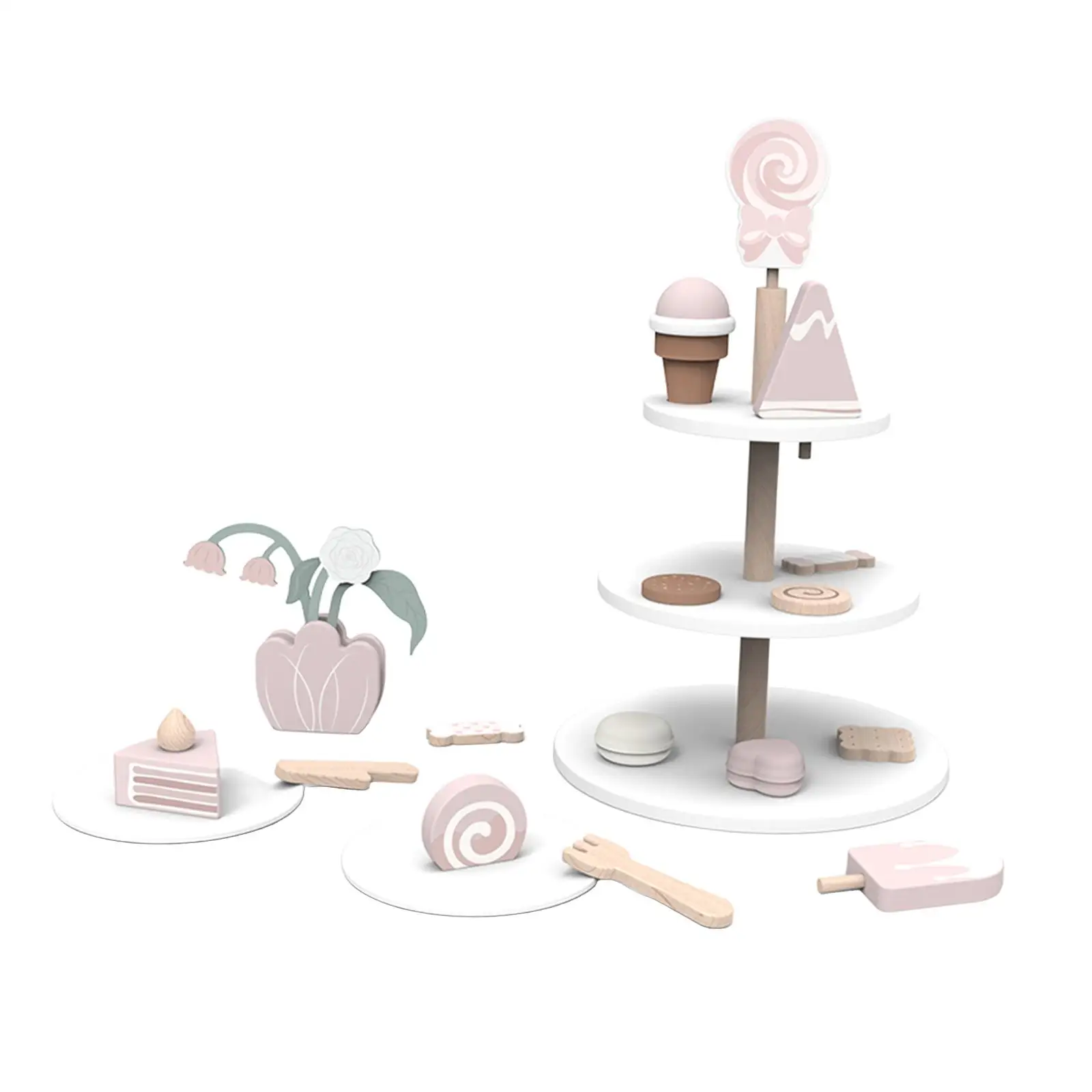 Wooden Cake Stand and Cakes Toy Kitchen Playset for Kids Tea Party Boy Girl