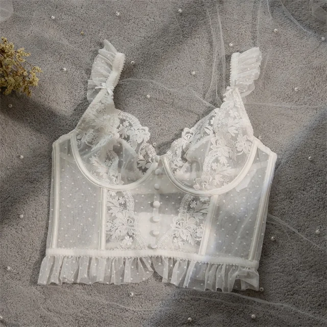 Floral Lace Corset Women's Ruffle Sleeveless Buttons Bustier Crop Tops See  Through Sexy Vintage Tank Top Female Bralette Vest
