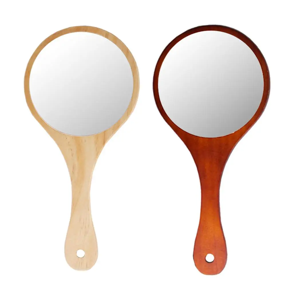 Handmade Portable Handle Round Cosmetic Mirror, Wooden Makeup Mirror,  Decorative Wood Mirror