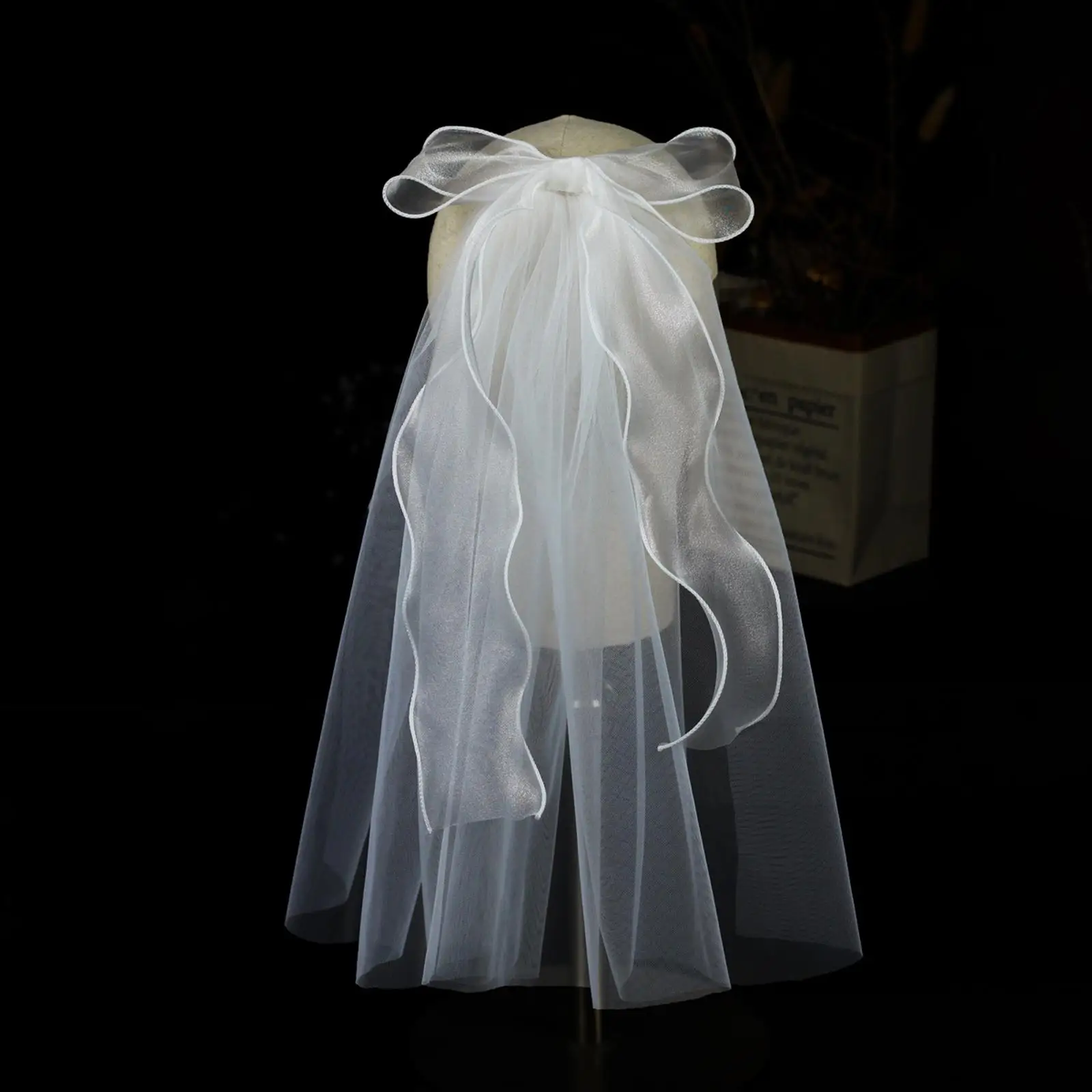 Women Bridal Short Tulle Veil Headwear Bow Simple Accessories Ribbon for Wedding Party Supplies Cathedral Engagement Chapel