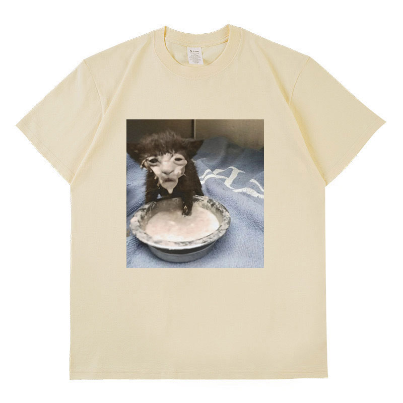 Milch gesicht Katze Meme Print T-Shirt seltsamen Humor lustige Katze Grafik T-Shirts Männer Frauen Mode Baumwolle übergroße T-Shirt Streetwear – Detail 5