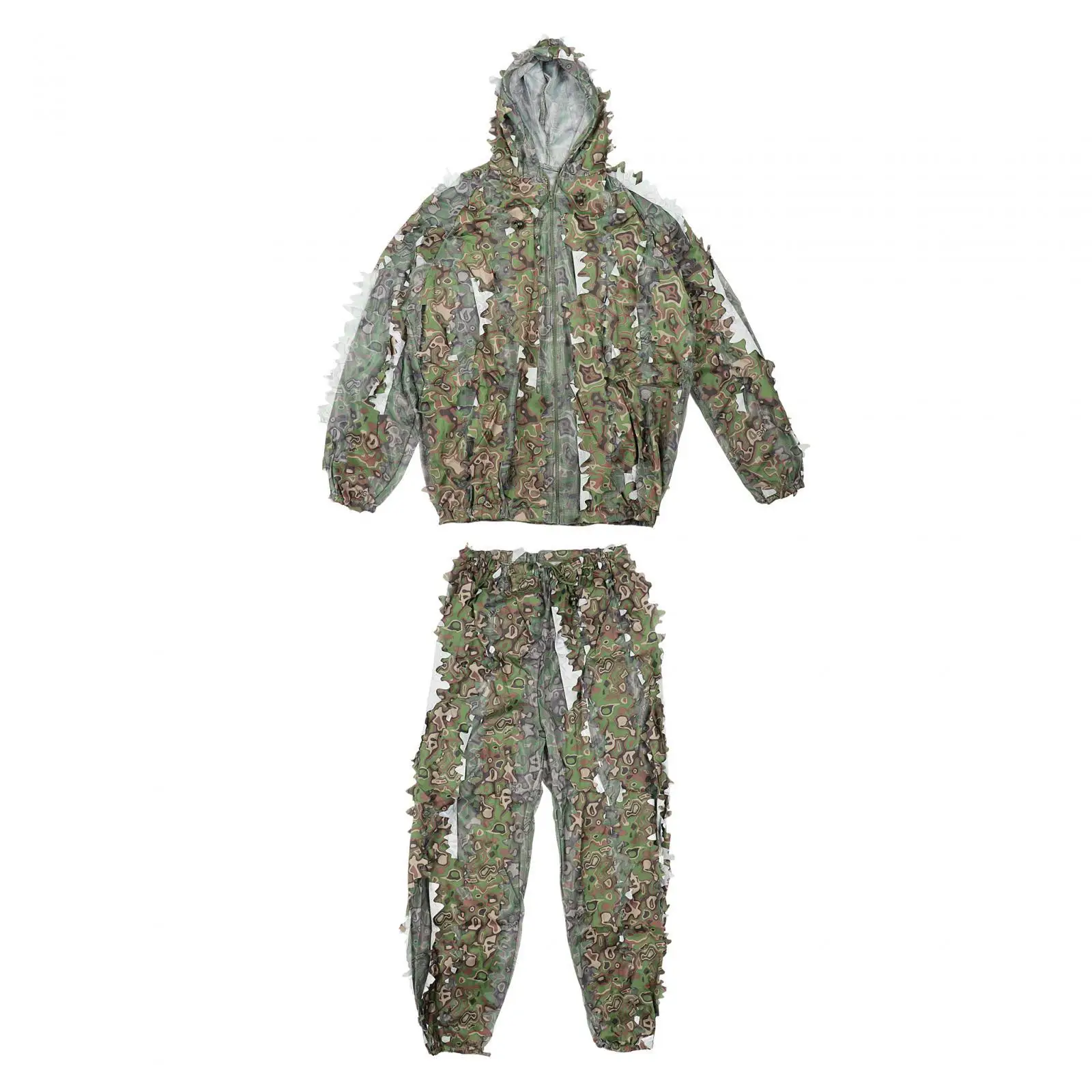3D Leaves Ghillie Suit Set Woodland Hunting Jacket with Pants Summer Lightweight Camouflage for Shooting Fishing Camping Jungle