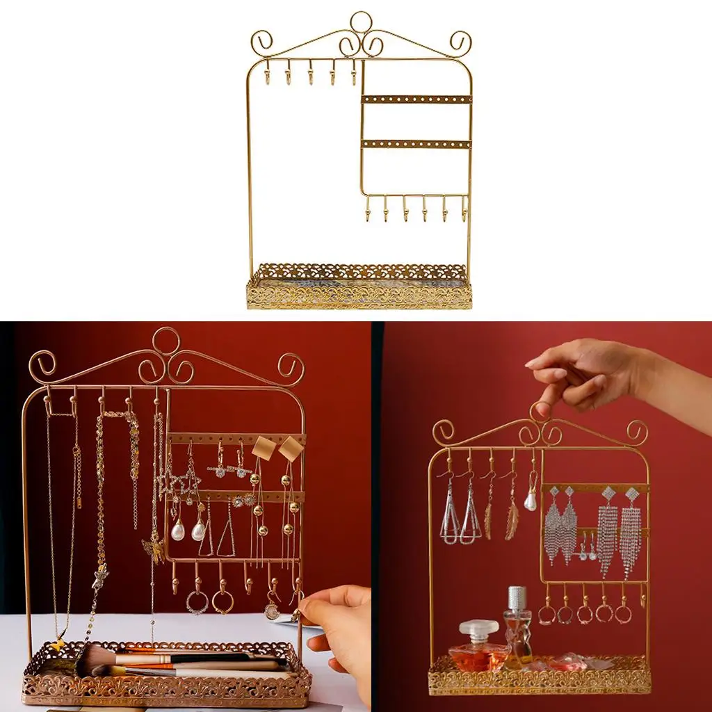 European  Alloy Jewelry Storage Display  Large Capacity, 28 Holes for Earrings, 11 Hooks for Rings and Necklaces