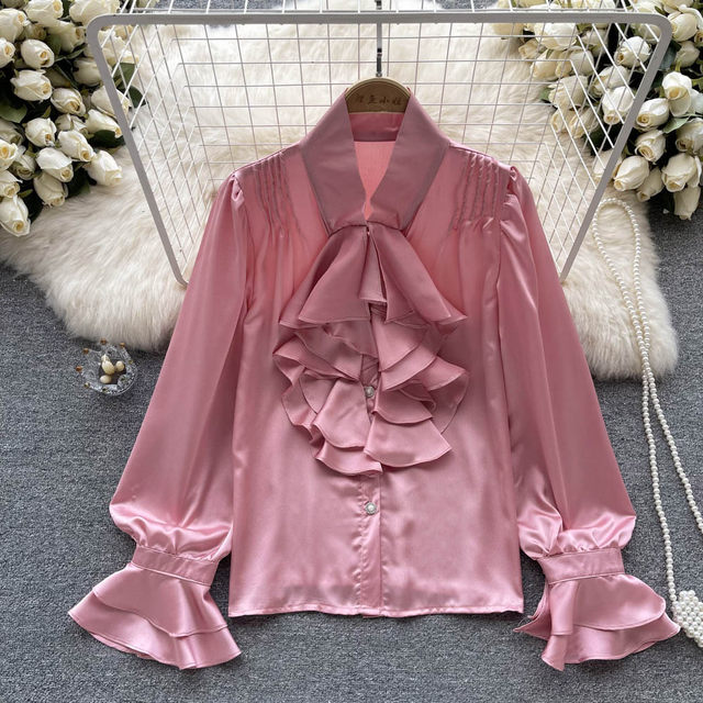 Ruffled Collar Long Puff Sleeve Shirt Woman Korean Fashion Satin Loose  Shirts Women Single-breasted Button Top Dropshipping