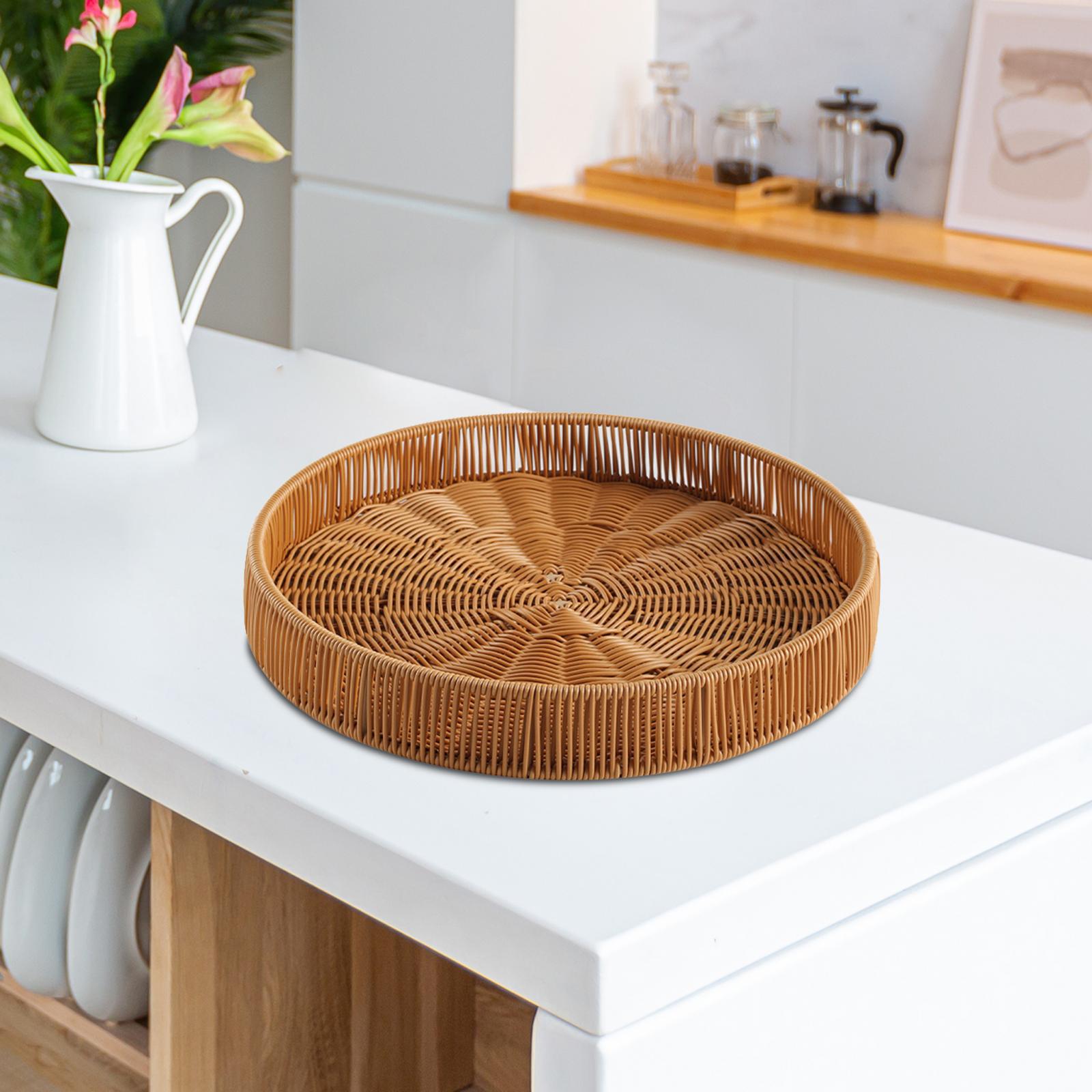 Hand Woven Serving Tray Organizer Rustic Imitation Rattan Tray Ottoman Trays Bread Basket for Candy Bread Fruits Vegetables