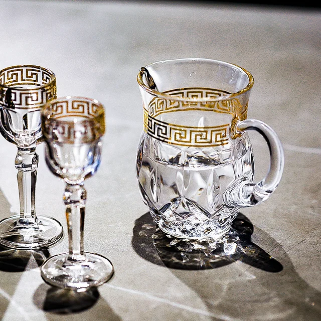 Silver Rimmed Wine Goblets, Set of 6 Lead Crystal Greek Key