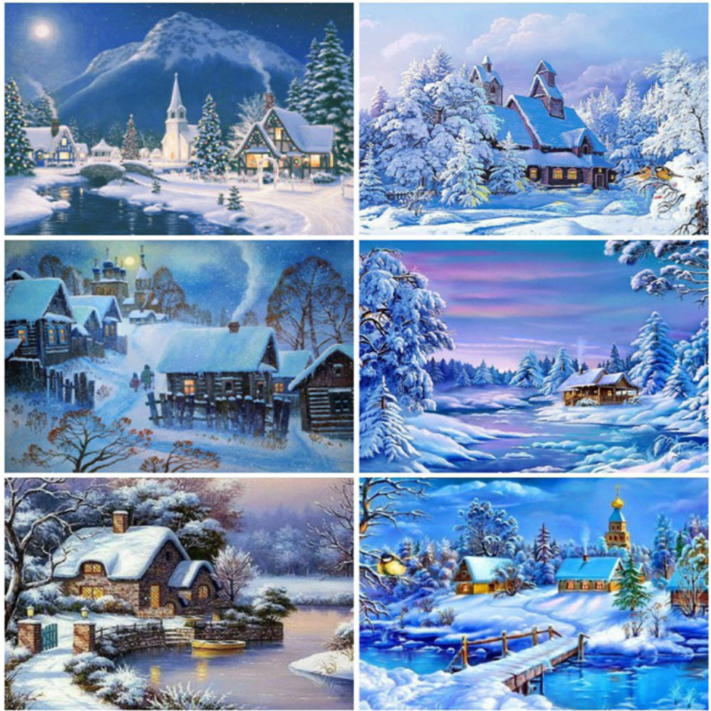 Needlework Embroidery Landscape Cross Stitch Diamond Painting 5D House Rhinestones Beaded Needlework Winter Home Decor