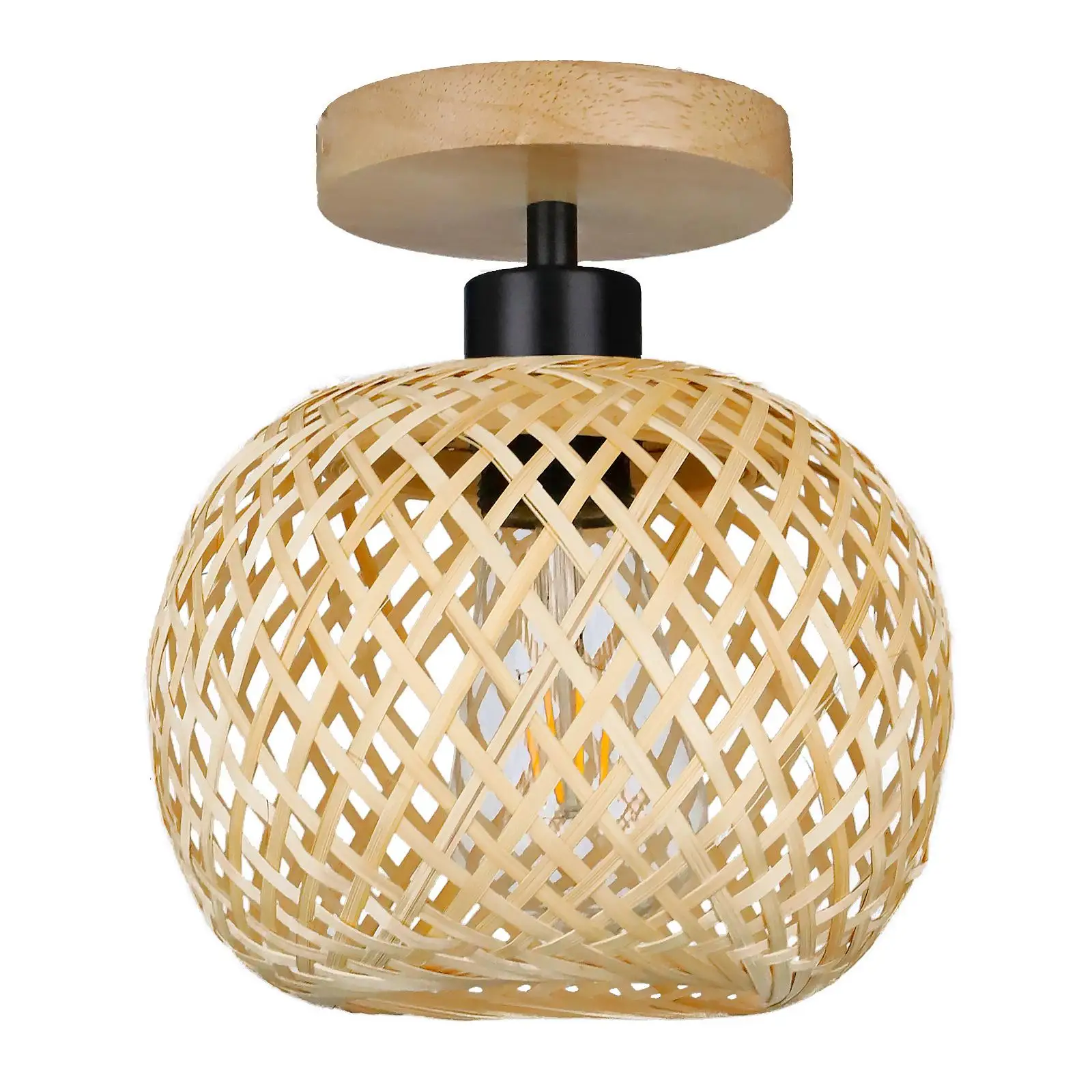 Bamboo Ball Lamp with No Bulb Hand Woven Rattan Chandelier E26 Kitchen Flush Mount Living Room Rustic Style Bambbo Pendant Light