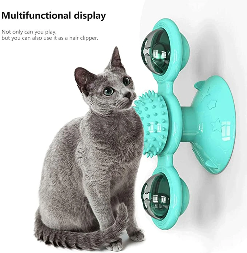 Interactive Cat Toy Windmill Portable Scratch Hair Brush Grooming Shedding Massage Suction Cup Catnip Cats Puzzle Training Toy herding ball for dogs