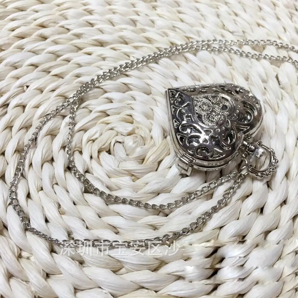 Antique Silver Heart Love Pendant Chain Sweater Necklace Quartz  Watch