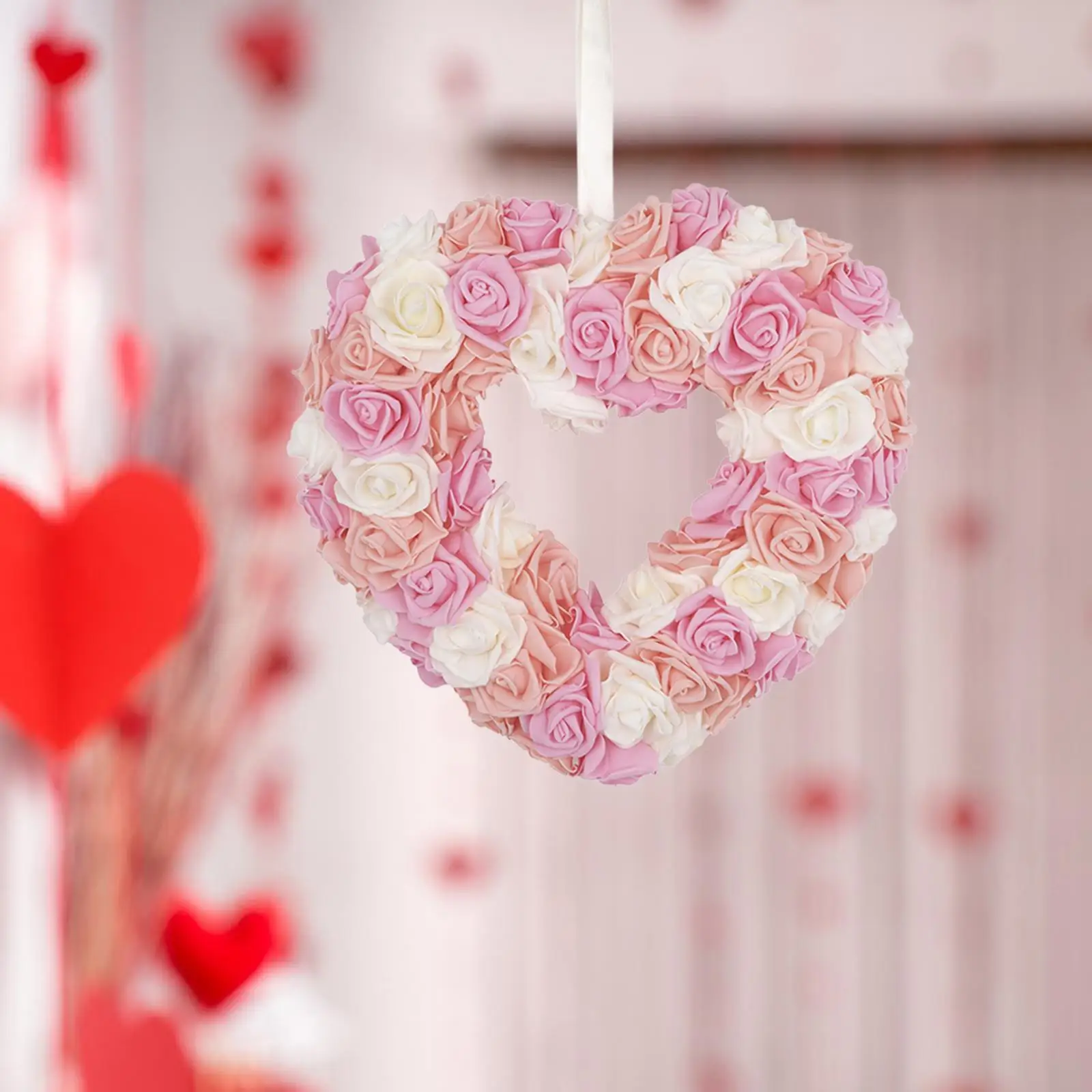 Valentines Day Heart Shaped Artificial Rose Wreath Front Door Wreath for Table Centerpieces Lightweight Durable Multifunctional