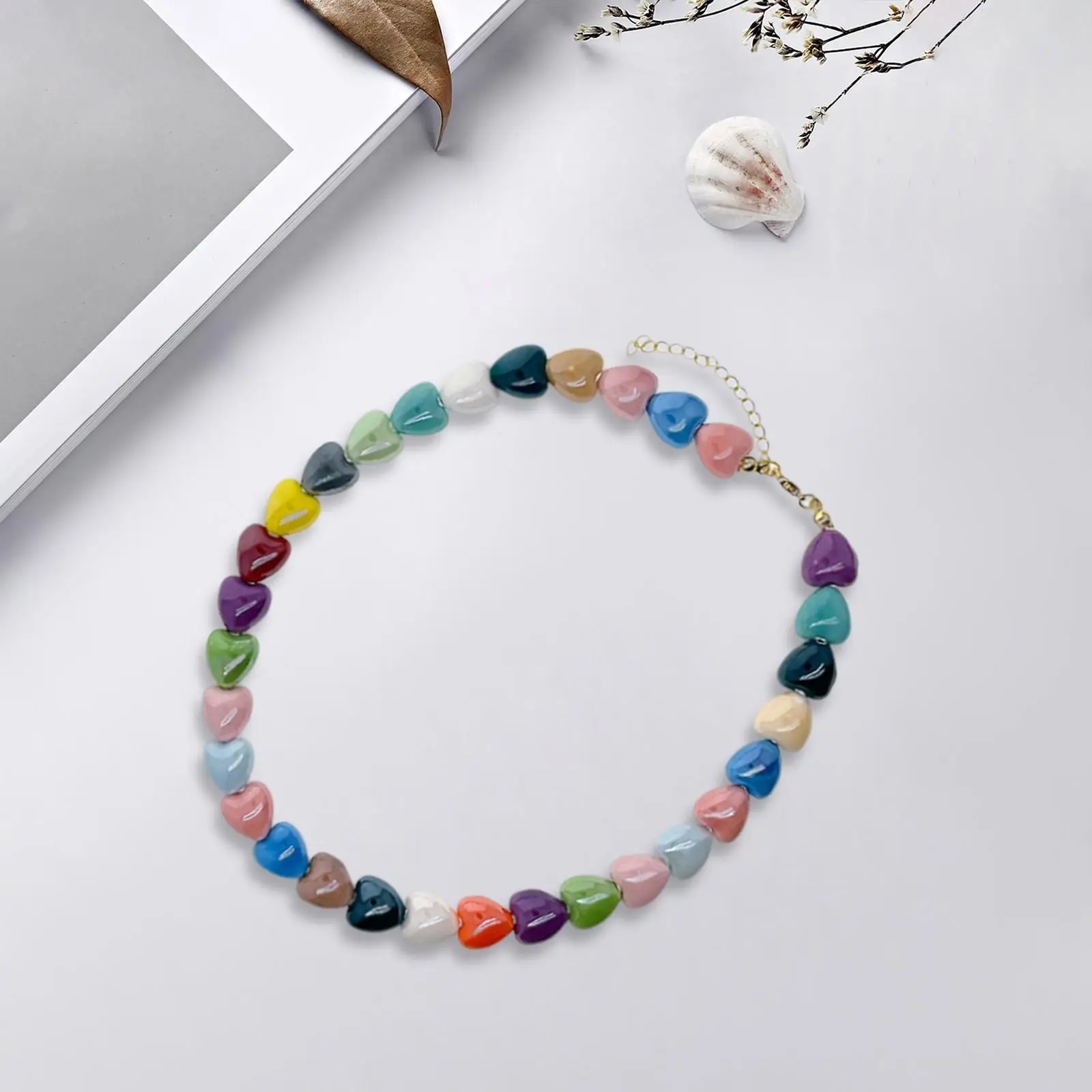 Colorful Ceramic Heart Shape Beads Necklace Sturdy for Wedding Anniversary Length 38cm, Extension Chain 5cm Stylish Handcrafted