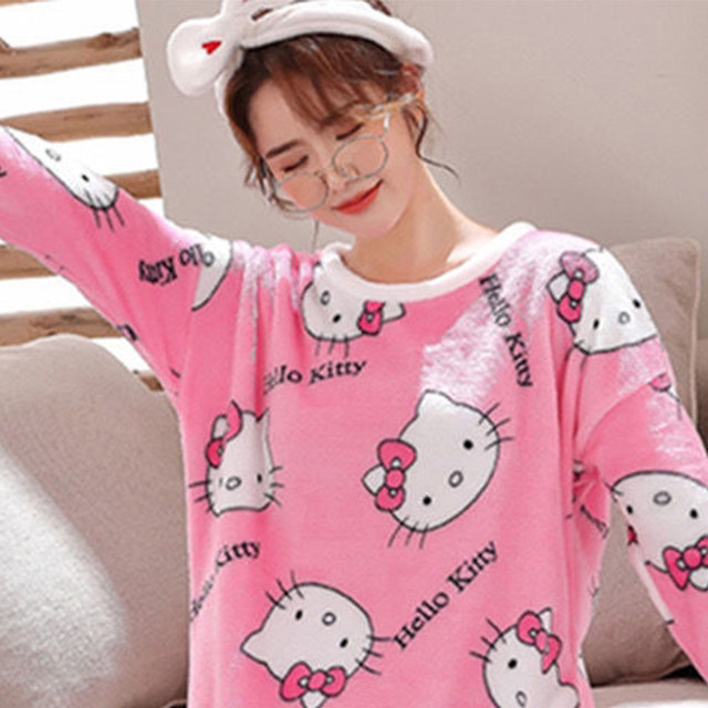 Pyjama Hello Kitty Fille/ado - Ensemble Haut Manches Longues + Pantalon, Tissu Doux Hiver, Taille élastique, Design Kawaii
