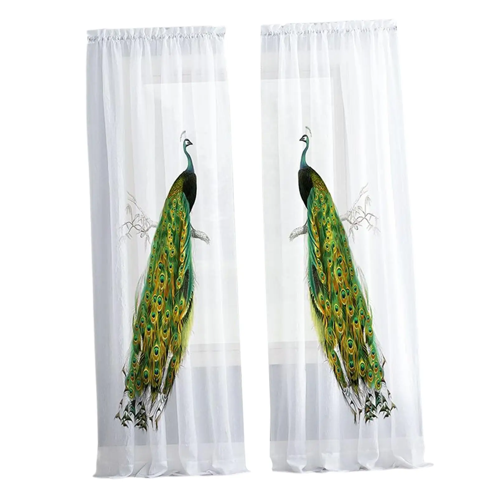 2x Sheer Curtain Peacock Pattern Curtain Panels for Kitchen Laundry Room Nursery