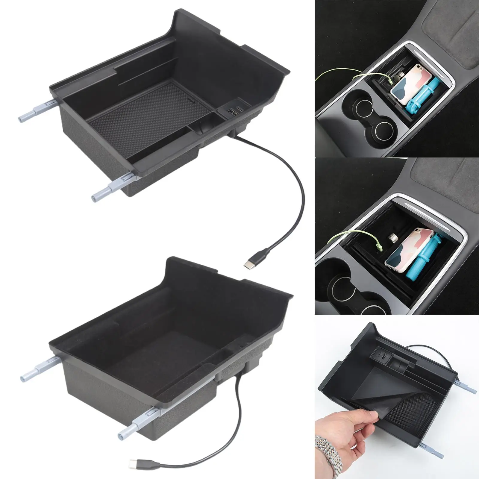 Center Console Organizer Tray Tidy Collection with USB Type C Port Insert Armrest Storage Holder Fit for Tesla Model 3 Model Y