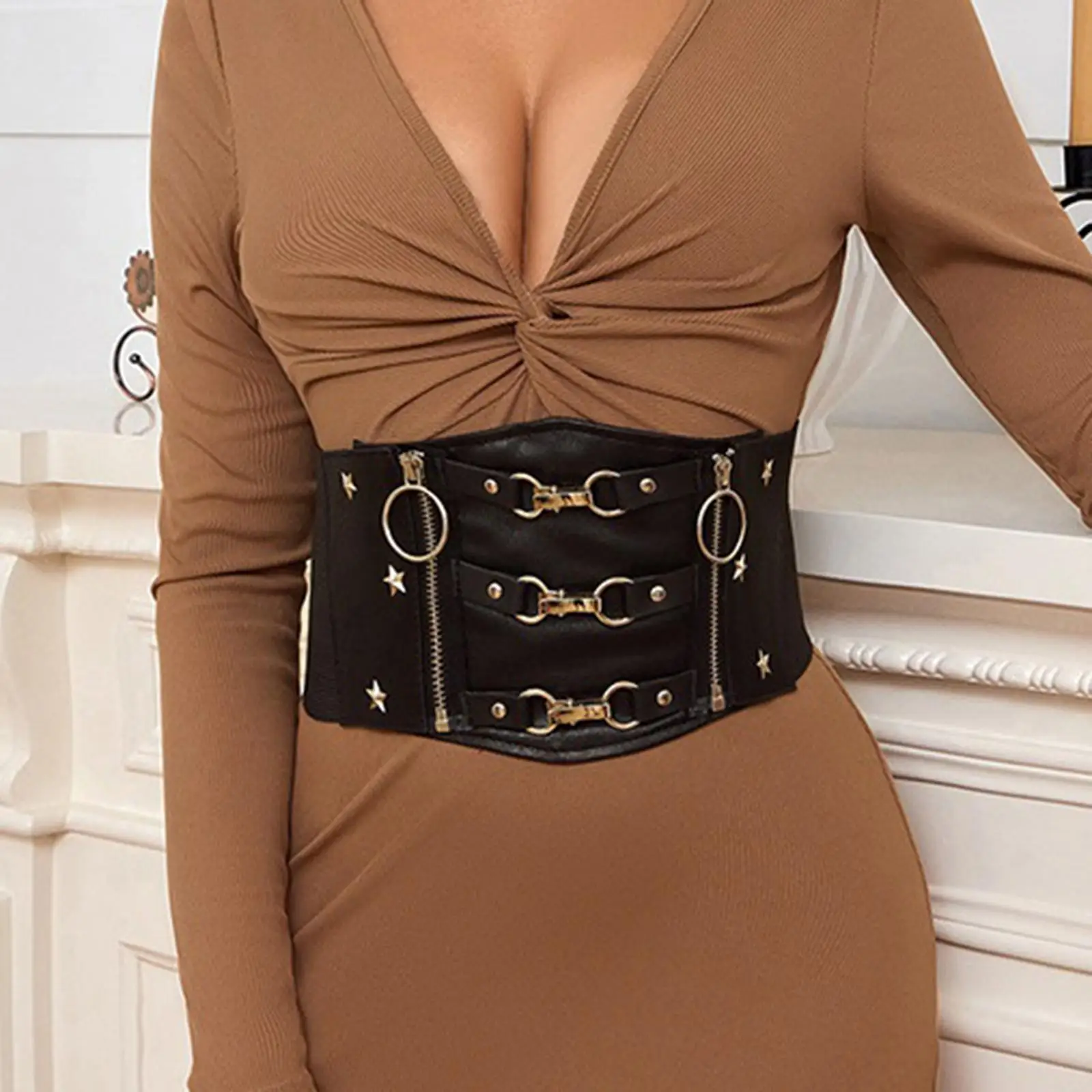 Womens Elastic Wide Waist Belt with Zipper Buckle Fashion Waistband Corset Belts Cinch Belt for Club Dresses Pants Party Cosplay