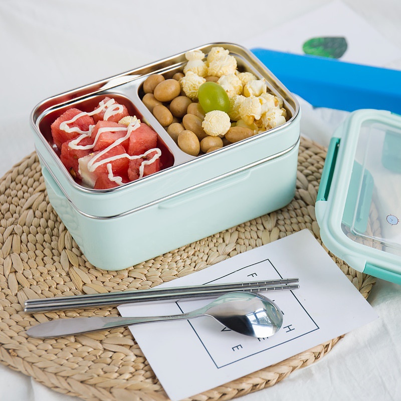 Mit zufälligem Muster Cartoon Lunchbox Edelstahl Doppelschicht Lebensmittelbehälter Tragbare Kinder Picknick Schule Bento – Detail 5