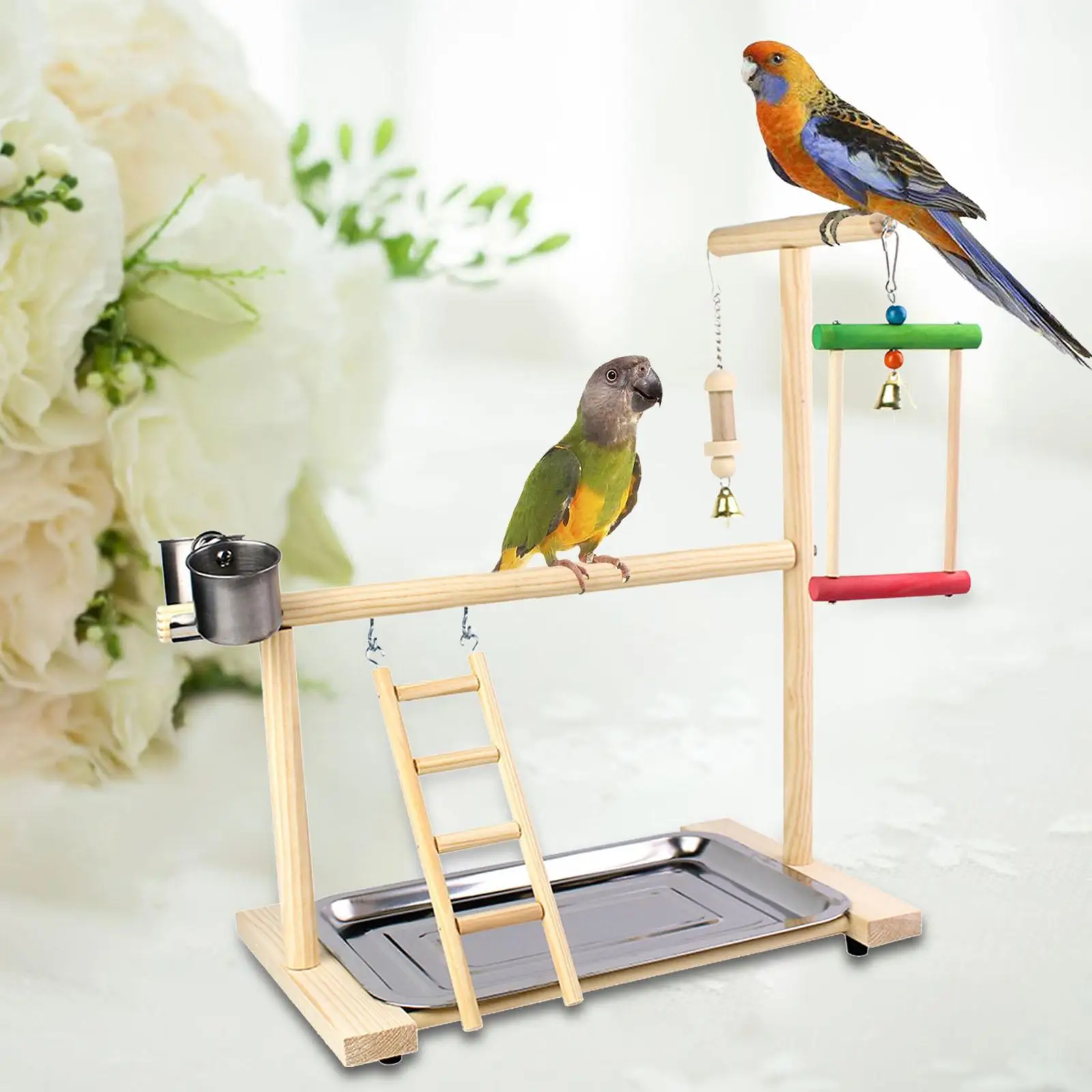 Toys Bird Perch Stand Platform Bird Playground with Feeder Cups Bells Perch Gym Bird Gym Exercise
