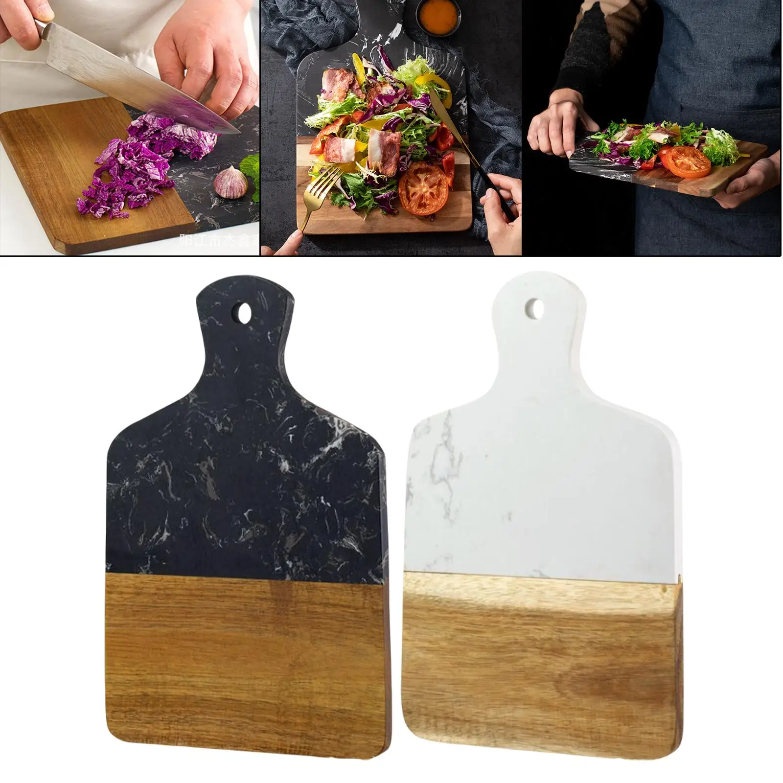 Portable Wooden Marble Cutting Board with Handles Hanging Hole Design Chopping Boards for Pastry Crackers Bread Meats Restaurant