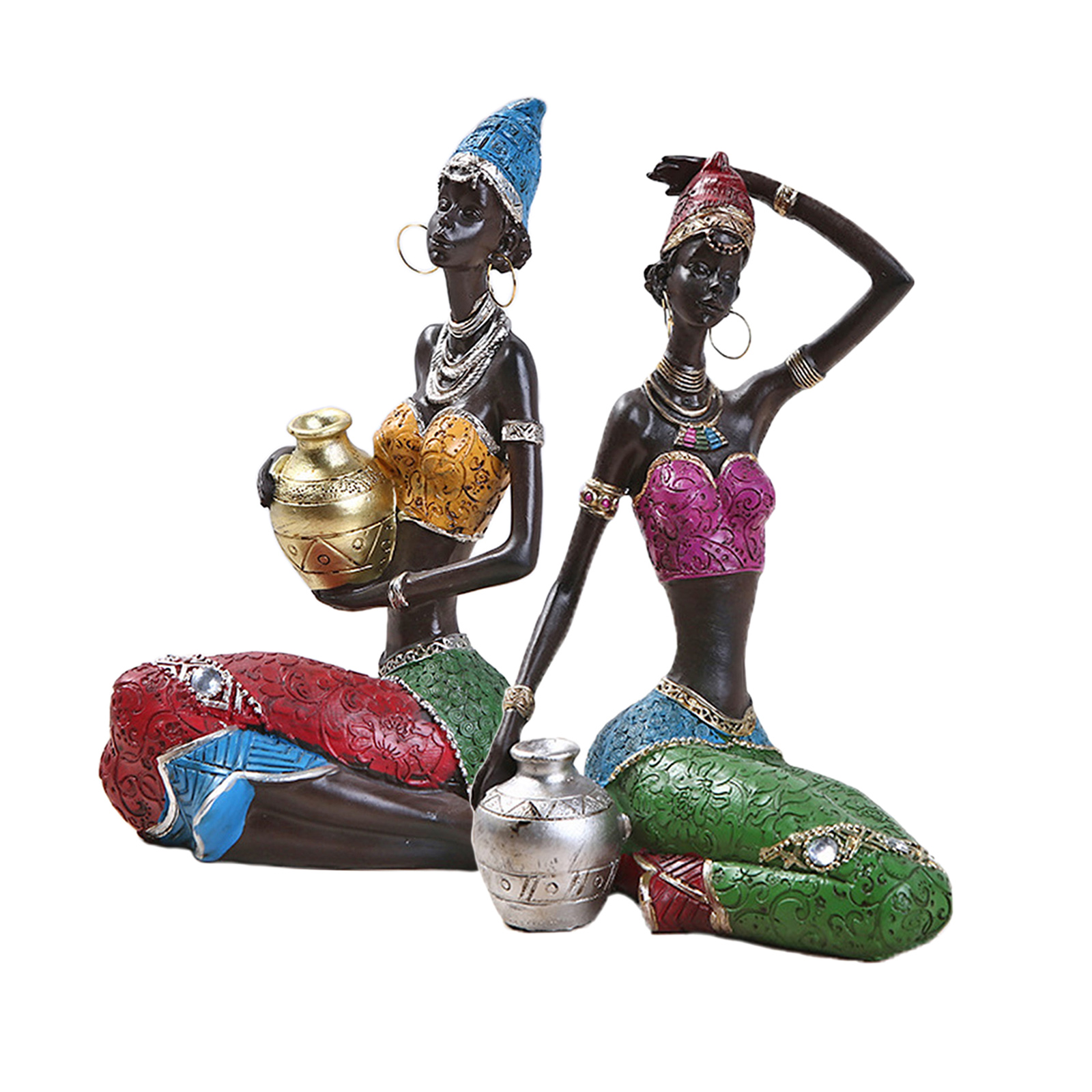 2pcs African Figurines Creative Resin Statue Sculpture Desktop , Ethnic  Pot Flower Vase Flowerpot for Home Living Room Cabinet