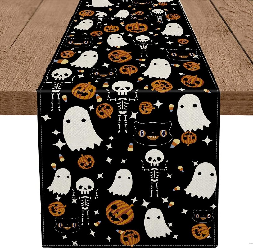 Description Picture 4 of itemLinen Halloween Table Runner Pumpkin Spider Web Skull Dining Table Decoration Scary Table Cover for Halloween Dinner Party Decor