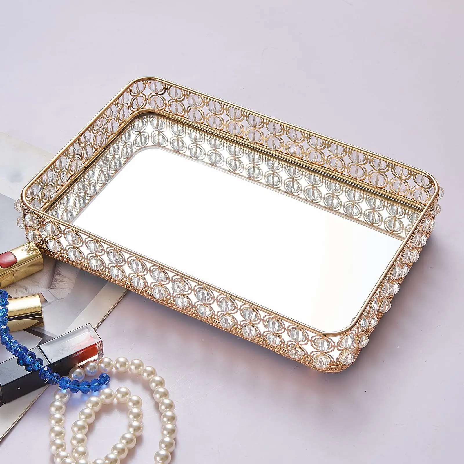 Gold Rectangular Crystal Vanity Tray Home Decorative Dresser Tray Cosmetic Makeup Tray Candle Holder Serving Storage Tray