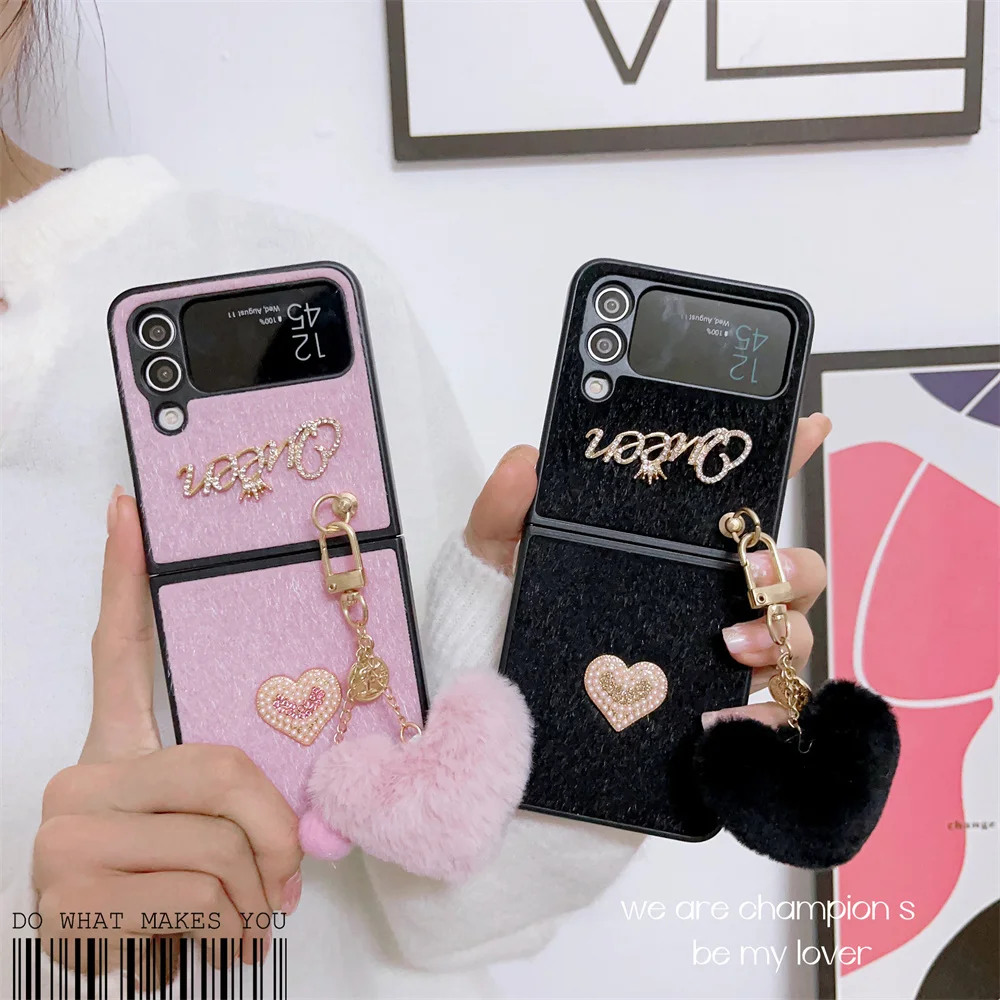 Pearl Love Plush Pendant Phone Case for Samsung Galaxy Z Flip 7 FE 5g ZFlip 6 Z Flip 7 6 5 4 3 Love Heart Plush Shockproof Cover