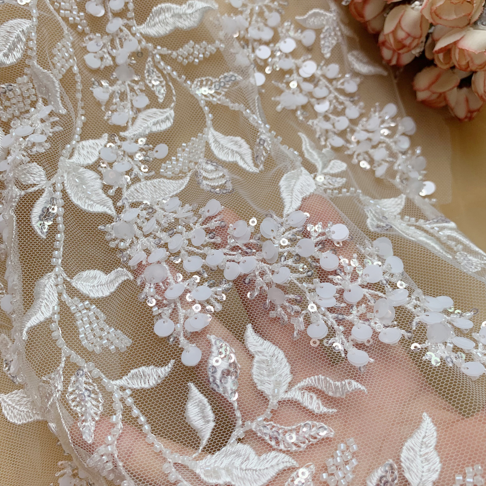 Weiße Waldblatt-Perlen-Glitzer-Spitze, große Blumen, Hochzeitskleid DIY, großer Stick, RS2552 – Detail 9