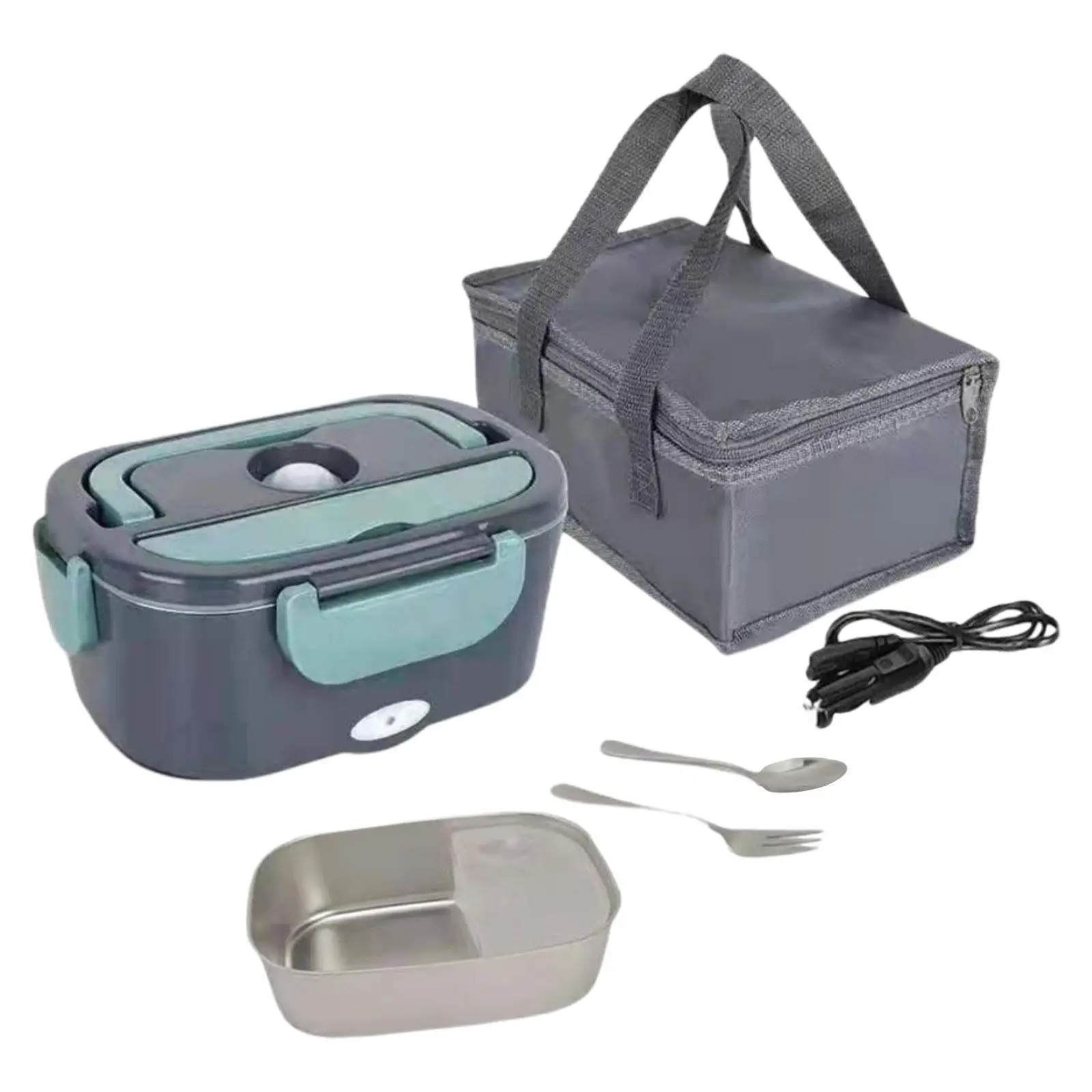 2 in 1 Electric Lunch Box 1.5L 40W with Fork & Spoon Stainless Steel Portable Heating Lunchbox Food Warmer for Home Truck Office
