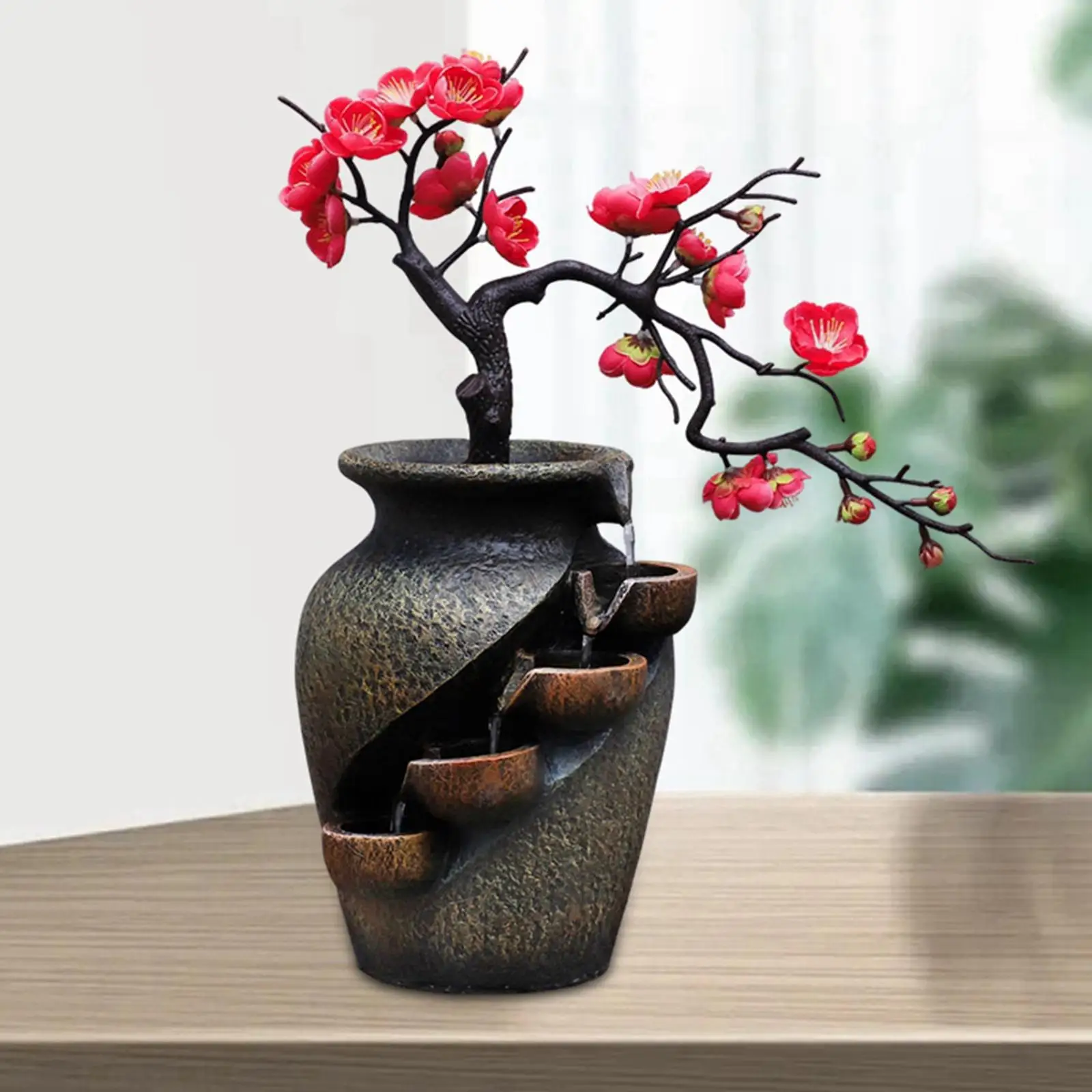 Creative Indoor Water Fountain Flower Vase Design Soothing Relaxation Landscape Ornament for Desktop SPA Garden Home Decorations