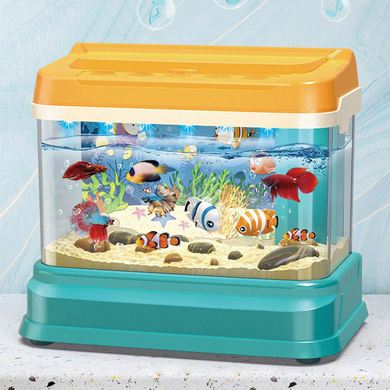 Artificial Fish Tank with Moving Music Fishing Rod Kids Fishing Toys Small Aquarium for Toddlers Kids Children