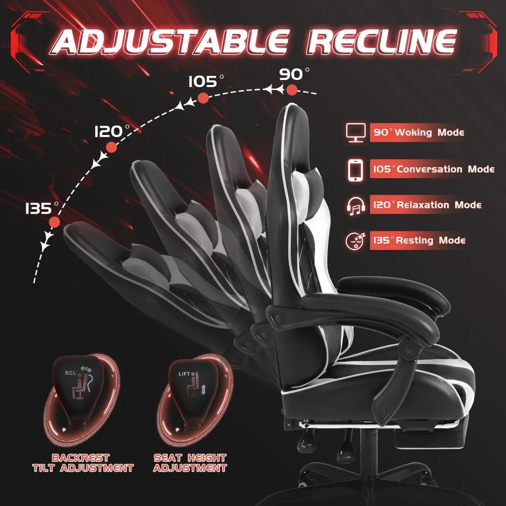 Adjustable recline gaming chair with cozy cushioned headrest.