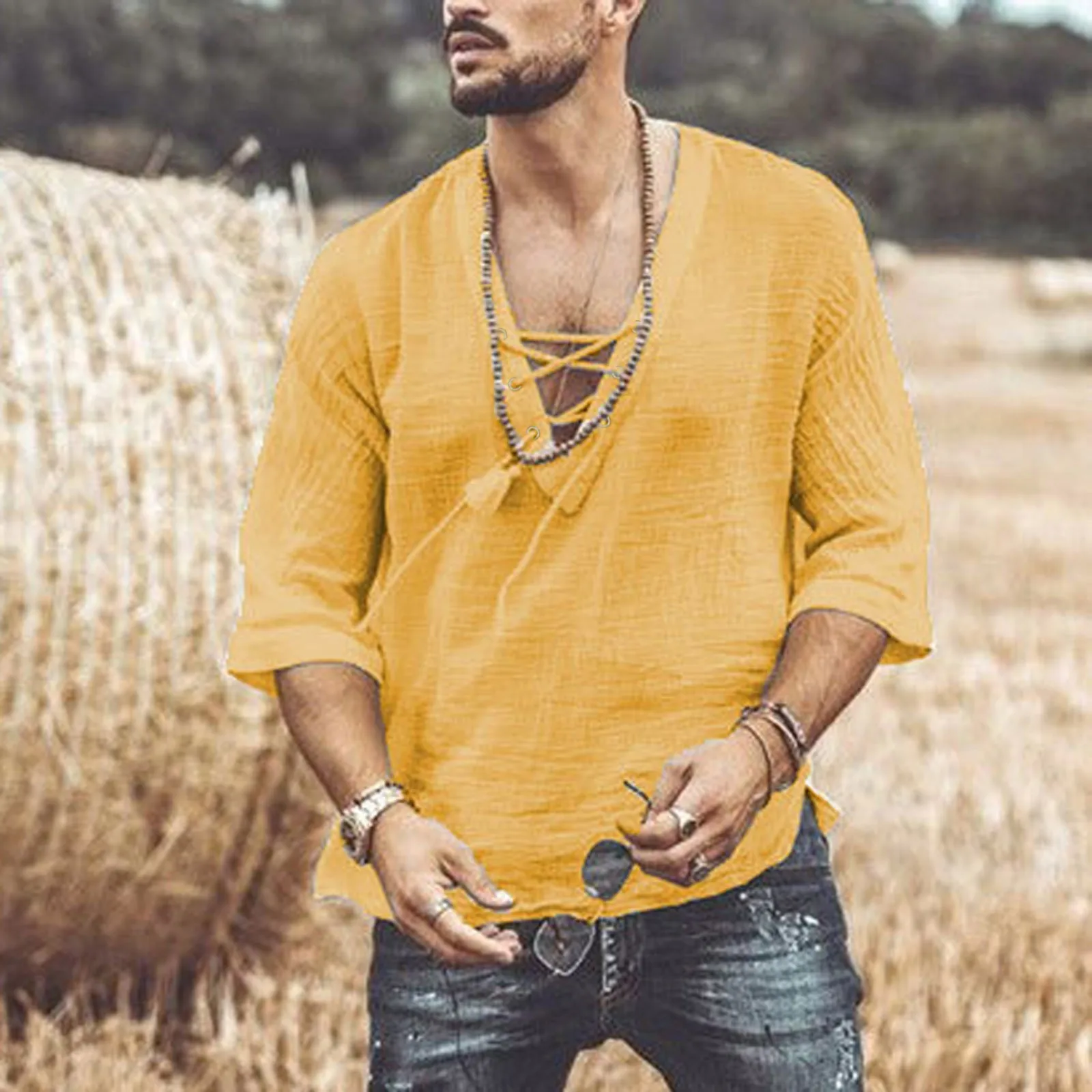 Camisas informales de lino y algodón para hombre, camisas holgadas con botones y cuello levantado, Tops de manga larga de Color sólido para primavera y verano