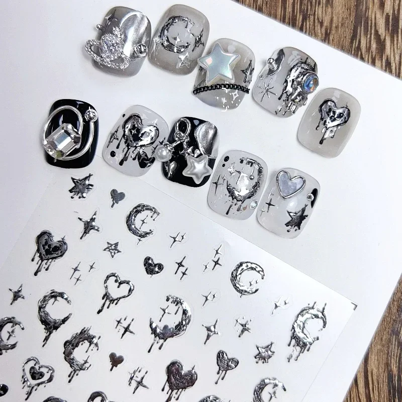 Best of Vintage Silver Stamped Love Heart Star Moon 5D Embossed Relief Self Adhesive Nail Art Sticker 3D Nail Decoration Manicure Decals Reviews & Tips