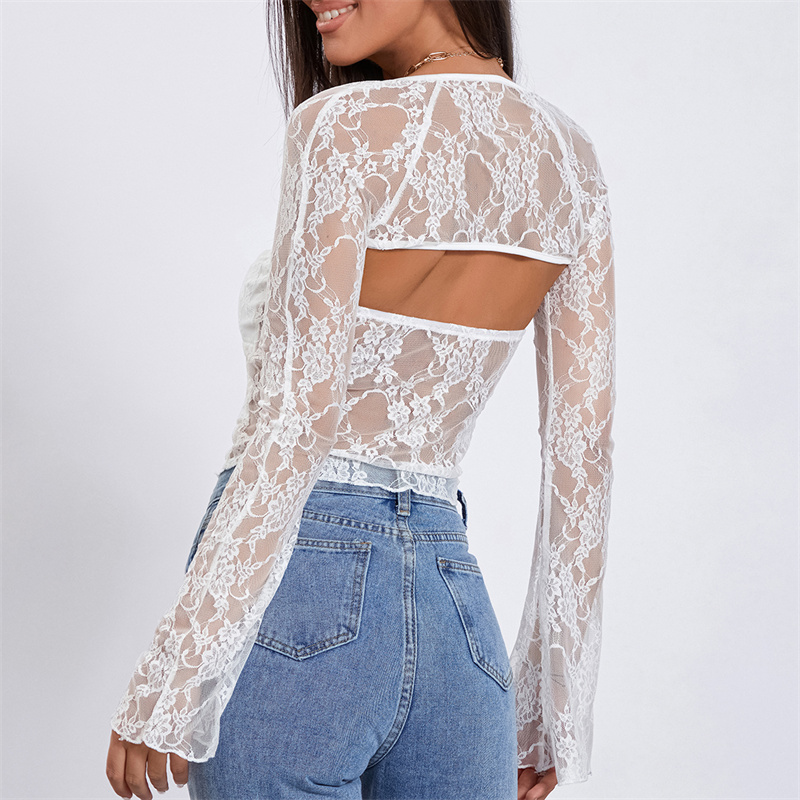 Ootddress Tube Top with Shrug Women Sexy See Through Strapless Bandeau Vest and Long Sleeve Cover Up Lace Clothes Party Clubwear