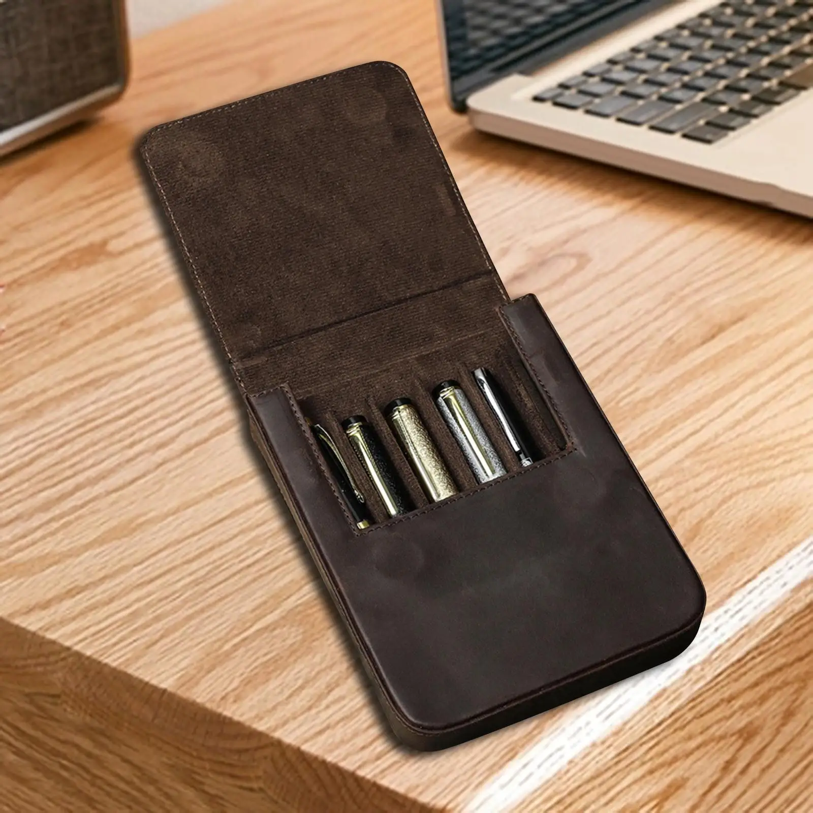 Pen Case 6 Slot Cases Gift PU Leather Organizer Accessories Stationery Bag Pen Bag for Husband Men Women School Meeting