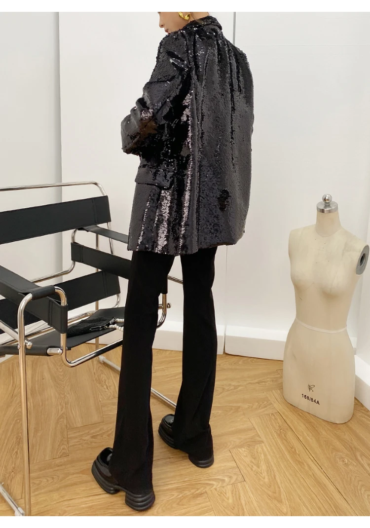INKEO-Blazer feminino de lantejoulas preto, jaqueta solta,
