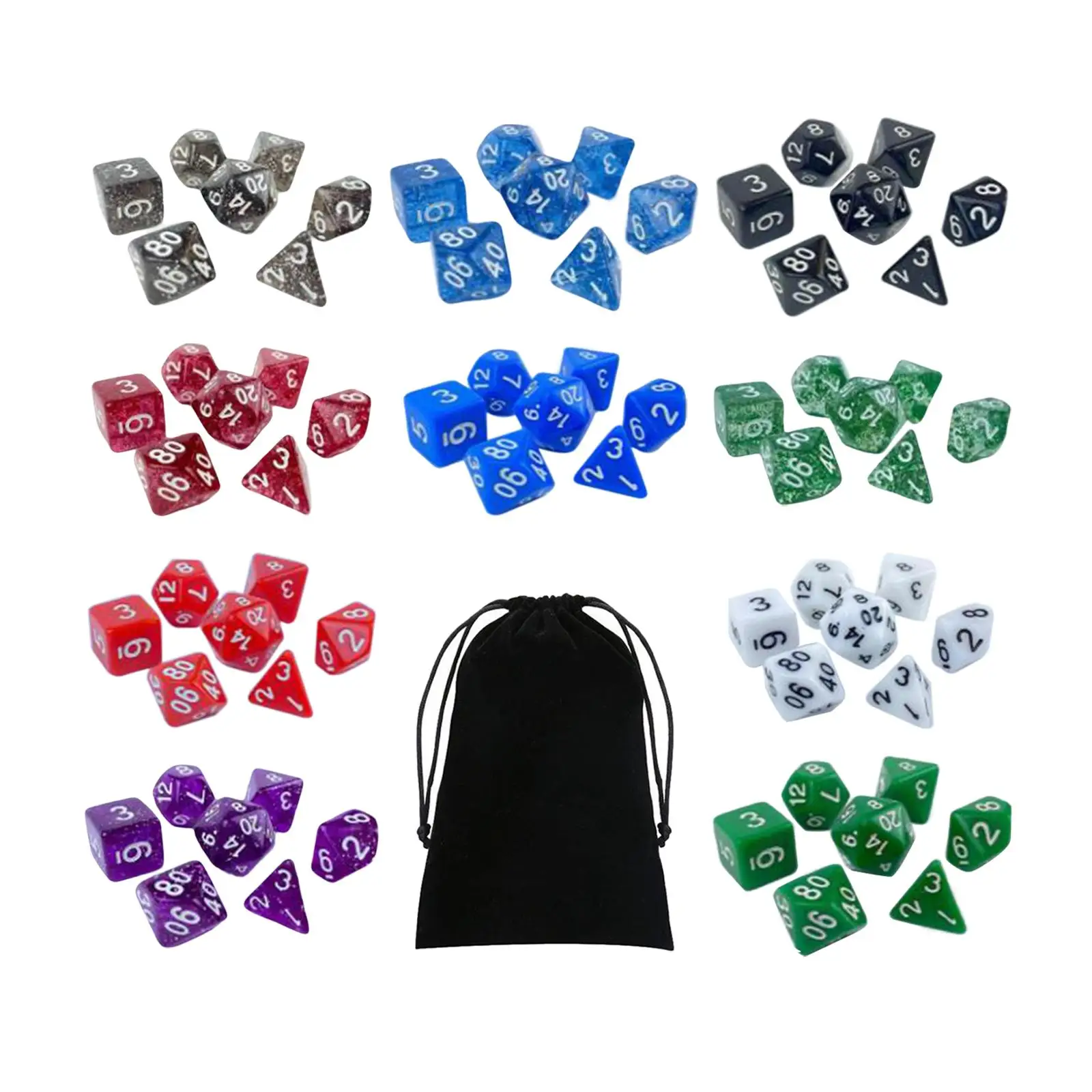 70x Acrylic Polyhedral Dice Entertainment Toy Table Games with Storage Bag Game Props Dice Sets Dice for D6 D10 D8 D12 D4