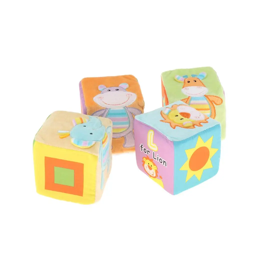4Pcs/Set Baby Ring Rattles Educational Plush Toy Soft Building Blocks Cube Cloth 9cm