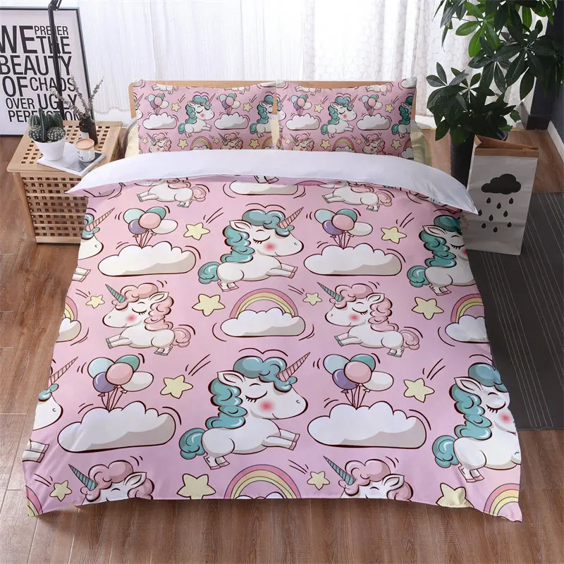 Colorful Luminous Unicorn Print Bedding Set 3D Cartoon Animal Pattern Duvet Cover Bedroom Decor With Pillowcases For Girls Gift