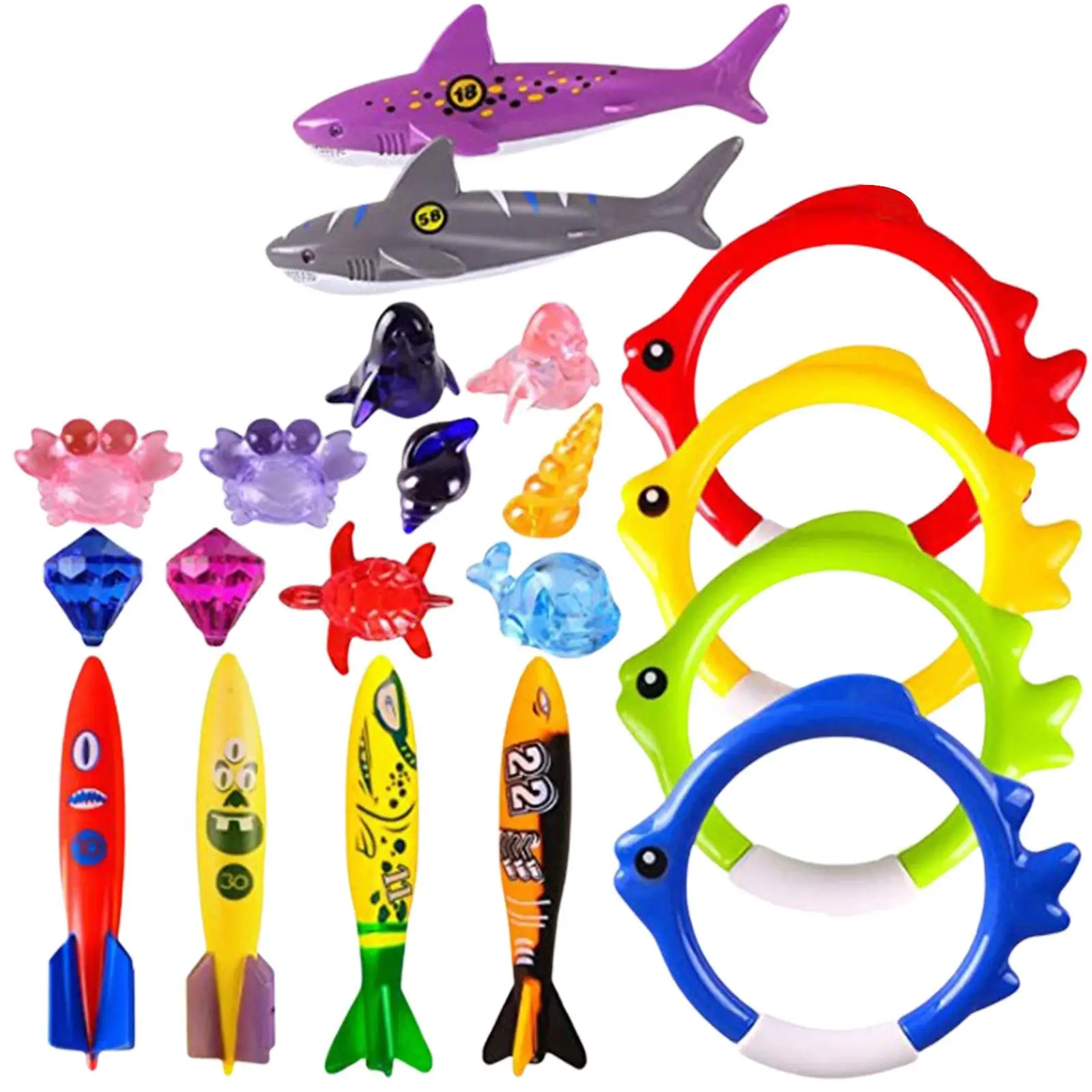 20 Pieces Fun Swim Games Sinking Set Gems Shark Rings Toddler Pool Toys Underwater Swimming Pool Toys for Kids 8-12