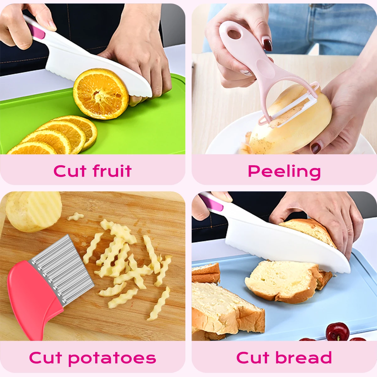 Description Picture 5 of itemNew Kids Cooking Cutter Set Kids KnifeToddler Kitchen Cutter Cooking Knives to Cut Fruits Crinkle Cutter Peeler Kitchen Supplies