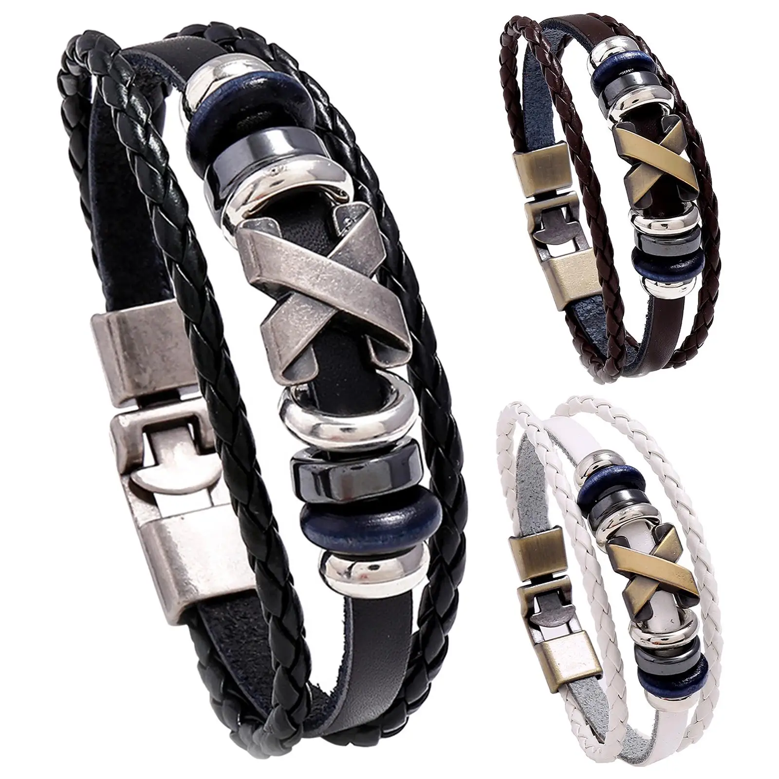 Braided Leather Bracelet Wrist Cuff Bangle Beads Charms with Alloy Closure