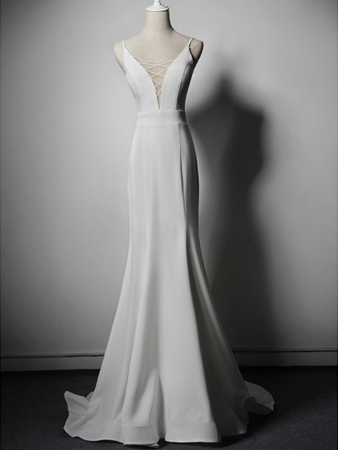 Simple Sling Deep V-neck Wedding Party Dresses Sexy Elegant Design