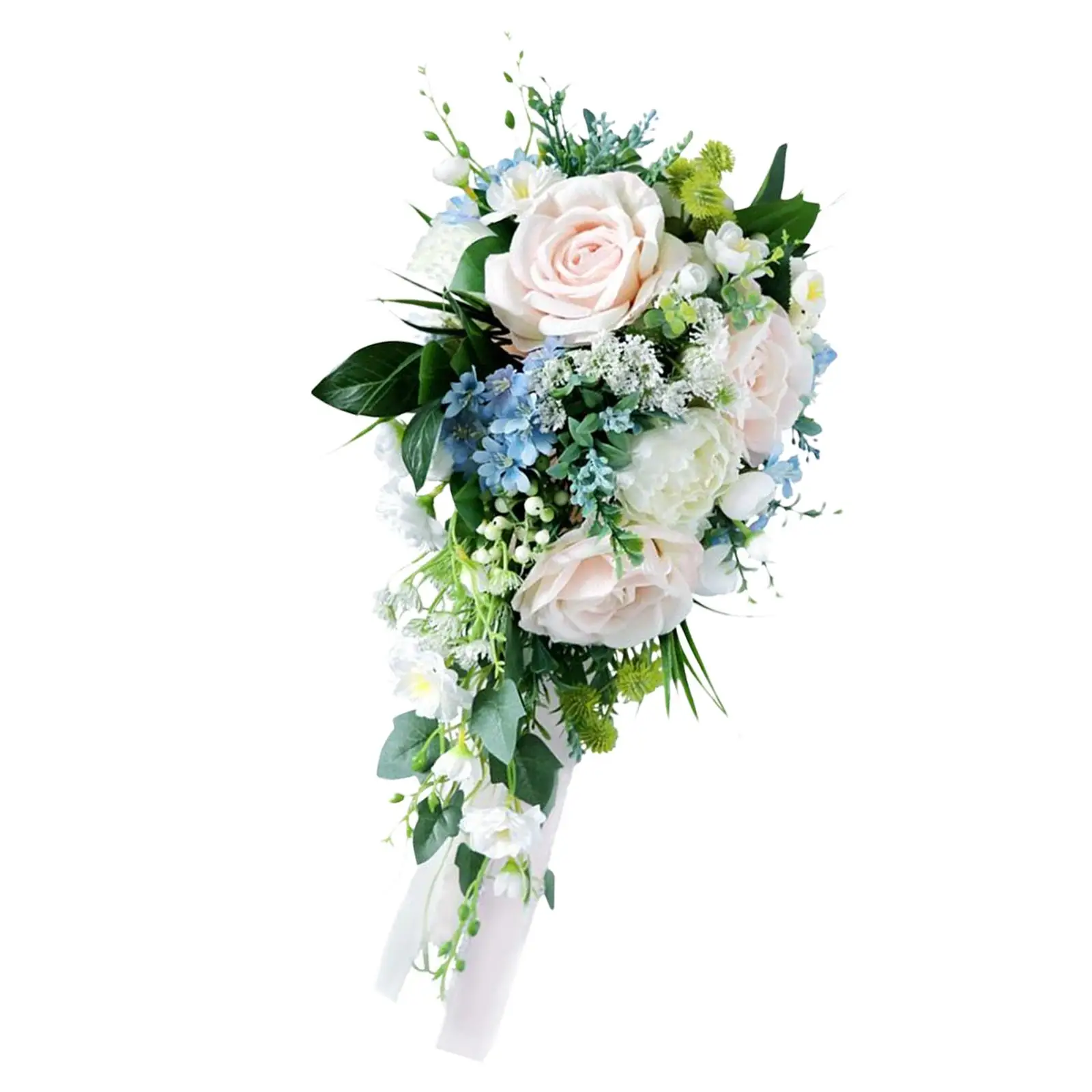 Romantic Wedding Bride Bouquet Waterfall Flowers with Green Leaves Artificial Flowers for Church Festival Ceremony Supplies