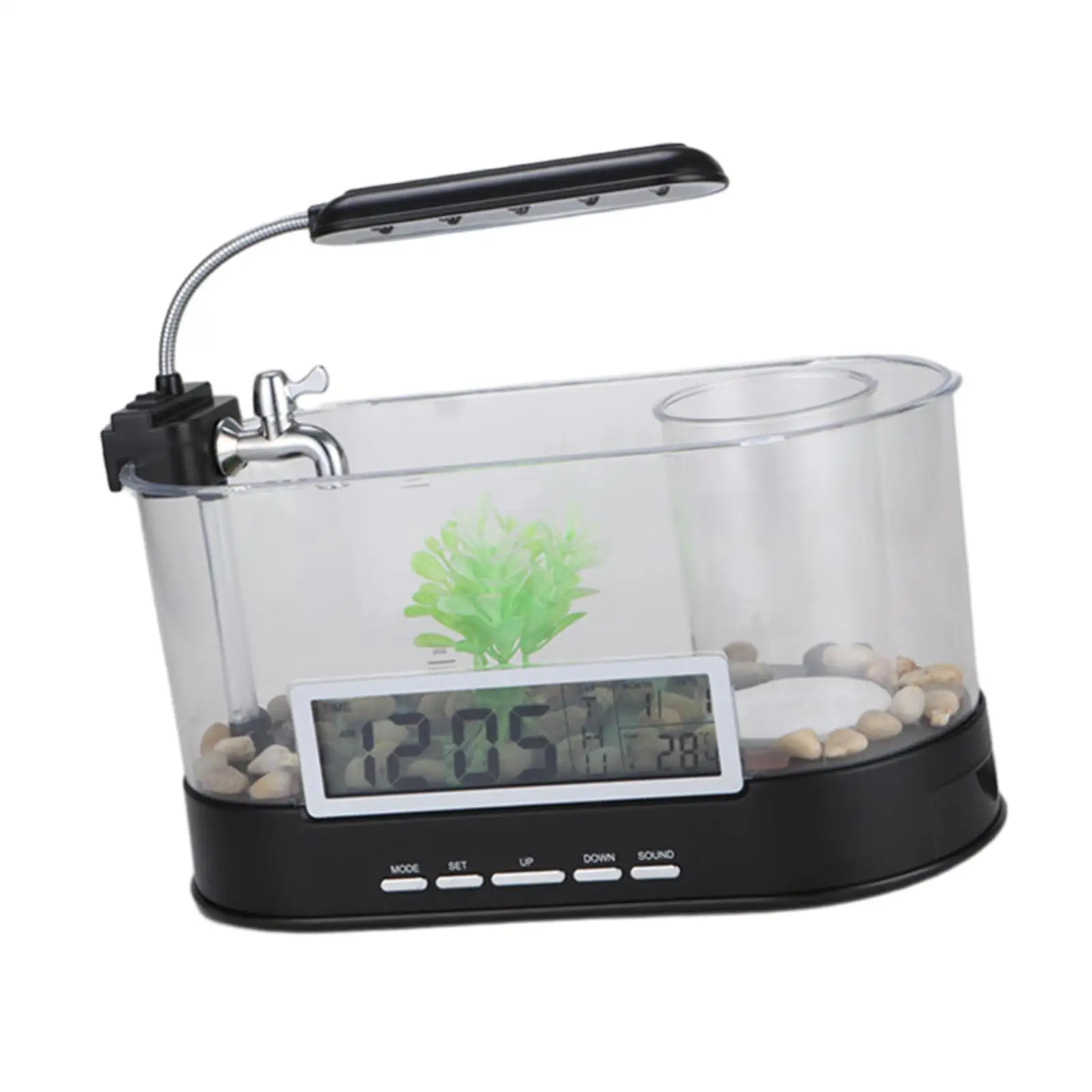 Fish Tank with Leach Accessories Mini Landscape Transparent Pump LCD Lamp Decoration for Goldfish Small Fish Turtle Office