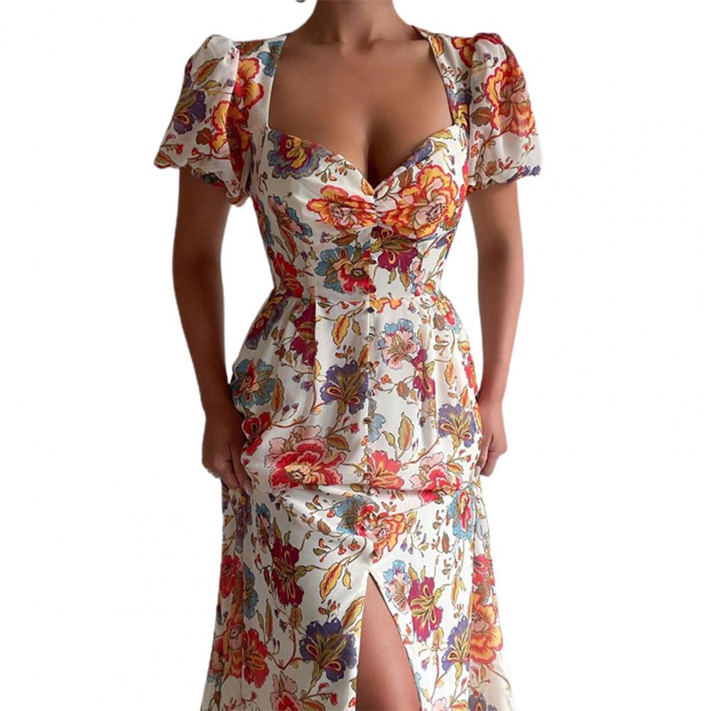 Vestido floral do vintage verão gola quadrada